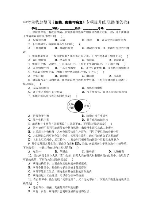 中考生物总复习《细菌、真菌与病毒》专项提升练习题(附答案)