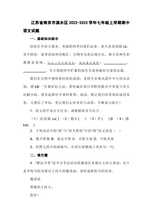 南京市溧水区2022-2023学年七年级上学期期中语文试题(含解析)