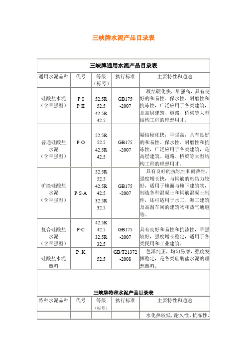 三峡牌水泥产品目录表