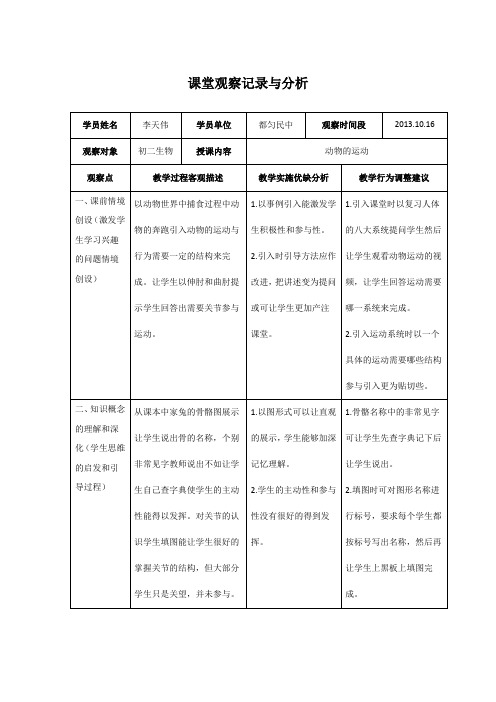 初中生物课堂观察记录与分析(李天伟)