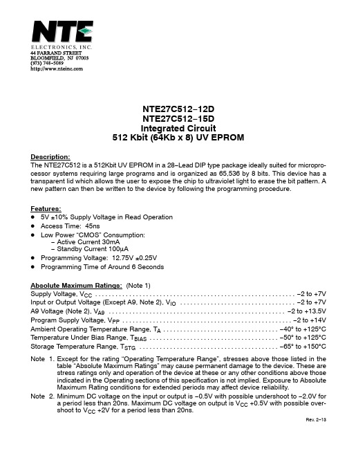 NTE27C512-12D和NTE27C512-15D集成电路说明书