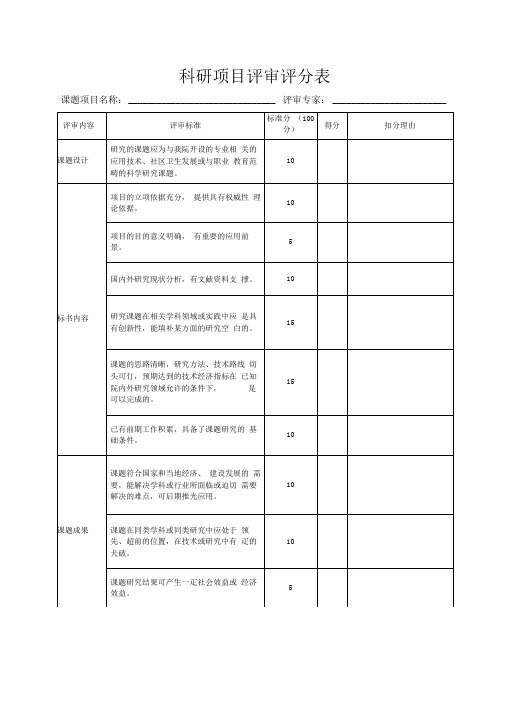 科研项目评审评分表