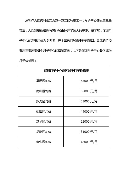 深圳月子中心的收费套餐价目表