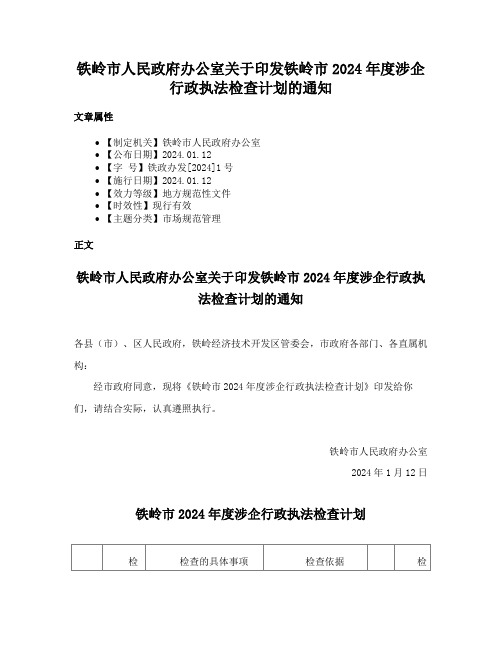 铁岭市人民政府办公室关于印发铁岭市2024年度涉企行政执法检查计划的通知