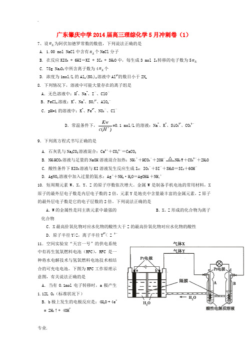 广东省肇庆中学2014届高三化学5月第一次冲刺卷理综试题