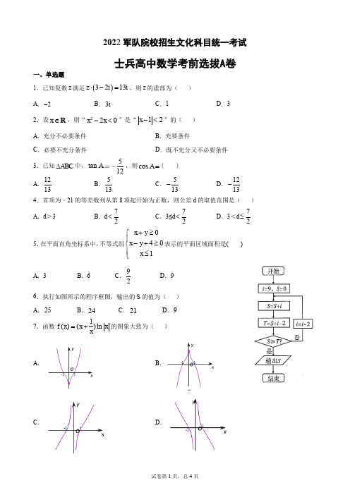 2022022部队士兵考军校最新模拟试题 2数学选拔A卷