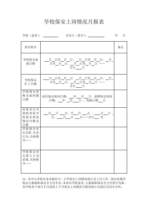 学校保安上岗情况月报表