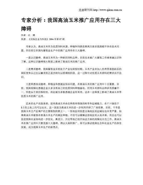 专家分析：我国高油玉米推广应用存在三大障碍