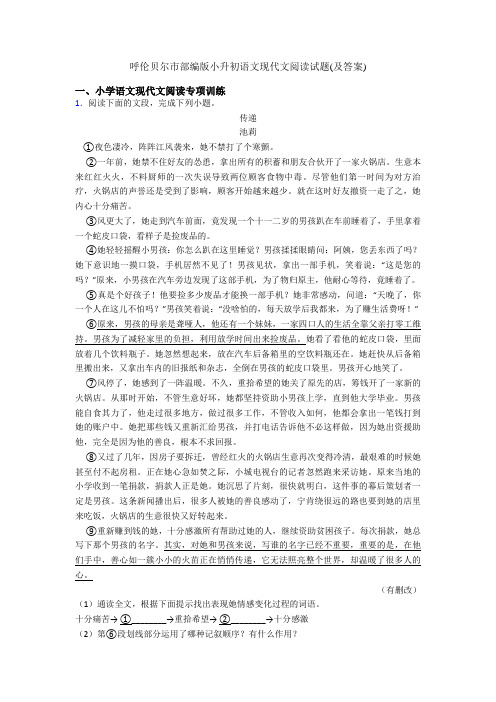 呼伦贝尔市部编版六年级语文现代文阅读试题(及答案)