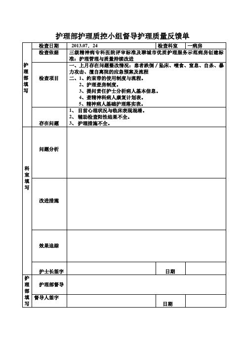 护理部护理质控小组督导护理质量反馈单