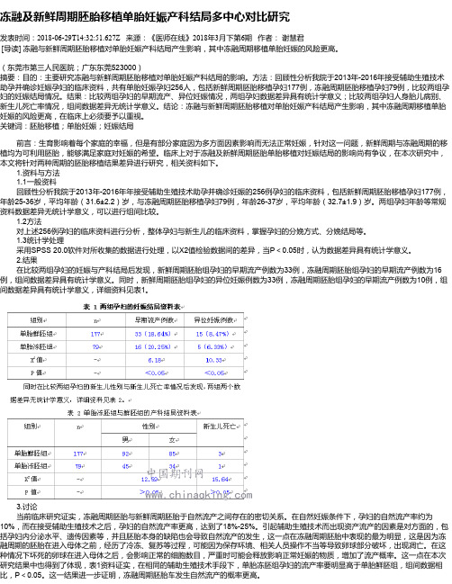 冻融及新鲜周期胚胎移植单胎妊娠产科结局多中心对比研究