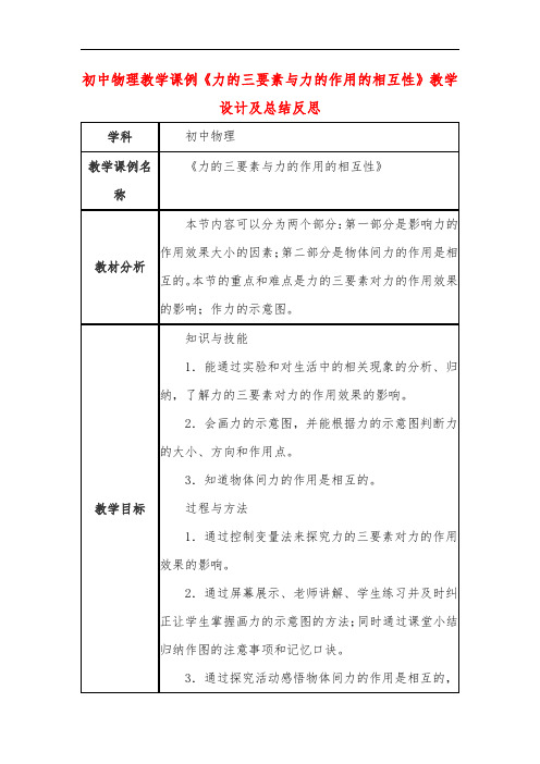 初中物理教学课例《力的三要素与力的作用的相互性》教学设计及总结反思