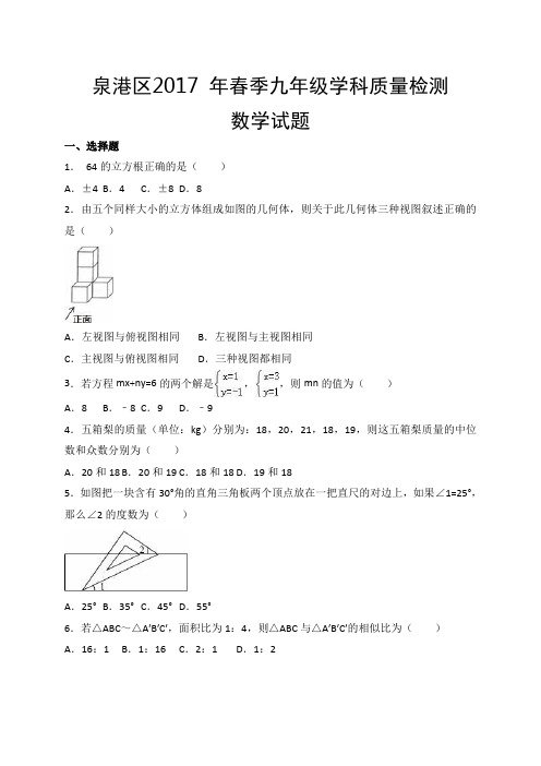 福建省泉州市泉港区2017届九年级(下)期中数学试卷(解析版)