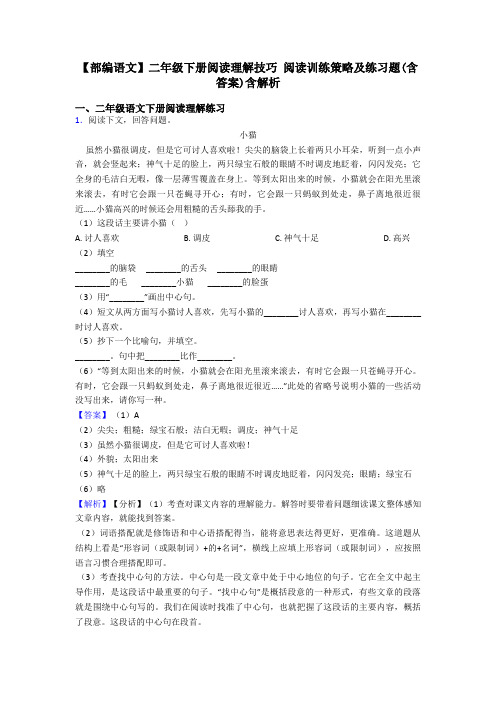 二年级【部编语文】二年级下册阅读理解技巧 阅读训练策略及练习题(含答案)含解析