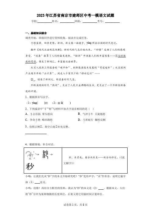 2023年江苏省南京市建邺区中考一模语文试题(含答案)