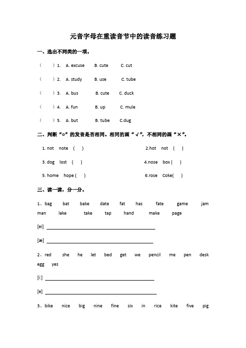 英语人教版六年级下册元音字母在重读音节中的读音练习题