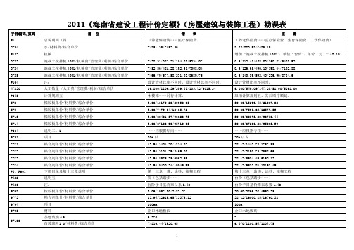 2011房屋建筑与装饰工程定额勘误表