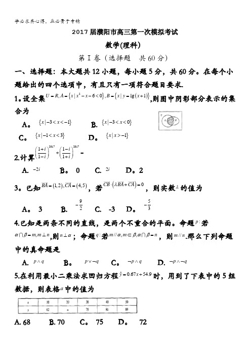 河南省濮阳2017届高三第一次模拟考试数学(理)试题 含答案bybao