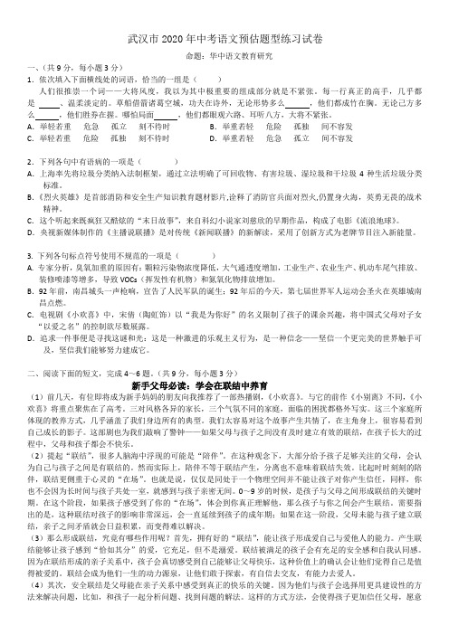 2020年湖北省武汉市语文中考模拟题(含答案)