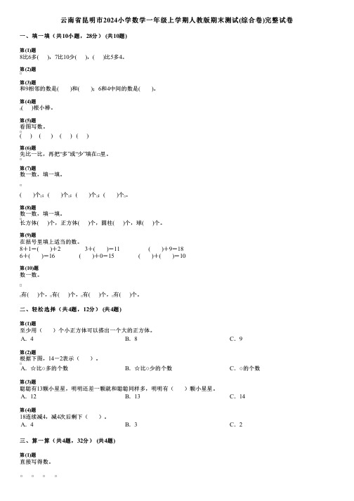 云南省昆明市2024小学数学一年级上学期人教版期末测试(综合卷)完整试卷