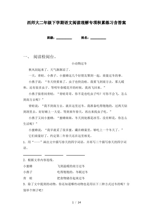 西师大二年级下学期语文阅读理解专项积累练习含答案