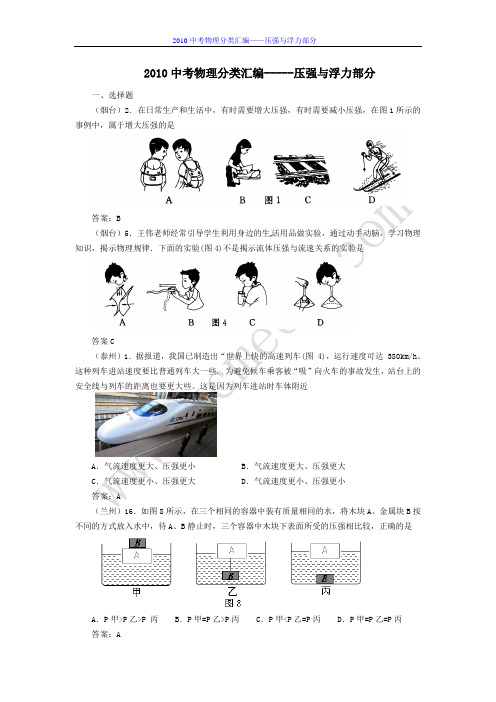 2010年中考物理分类汇编---压强与浮力部分