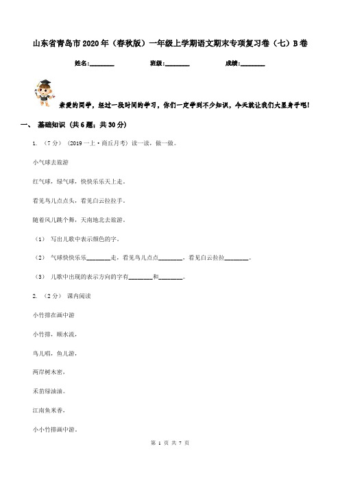 山东省青岛市2020年(春秋版)一年级上学期语文期末专项复习卷(七)B卷