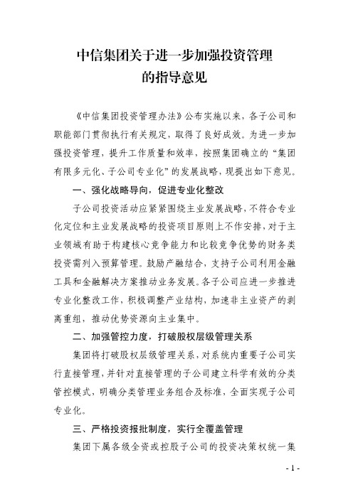 中信集团关于进一步加强投资管理的指导意见