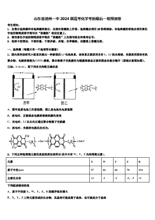 山东省德州一中2024届高考化学考前最后一卷预测卷含解析