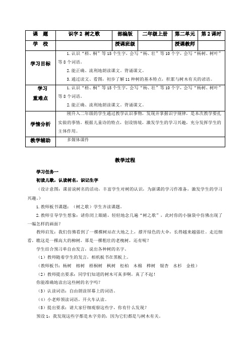 【精编教案】部编版小学二年级语文上册 识字2《树之歌》(教学设计)