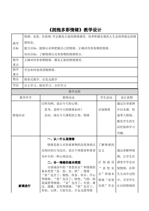 拥抱多彩情绪 教学设计 初中心理健康通用七年级上册