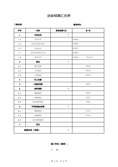 送审结算汇总表