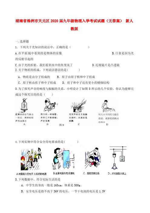 湖南省株洲市天元区2020届九年级物理入学考试试题(无答案) 新人教版