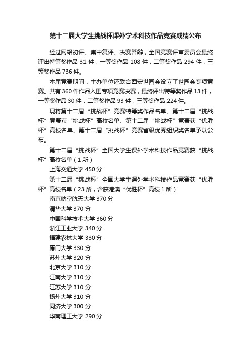 第十二届大学生挑战杯课外学术科技作品竞赛成绩公布