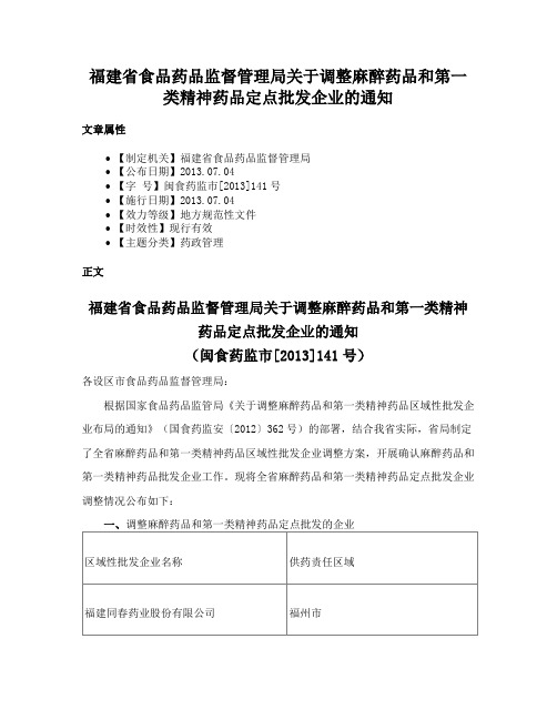 福建省食品药品监督管理局关于调整麻醉药品和第一类精神药品定点批发企业的通知