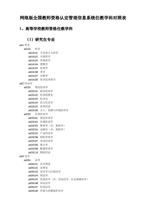 教师资格认定教学科对照表