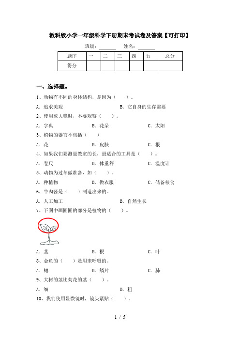 教科版小学一年级科学下册期末考试卷及答案【可打印】