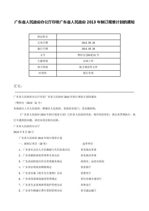 广东省人民政府办公厅印发广东省人民政府2013年制订规章计划的通知-粤府办[2013]21号