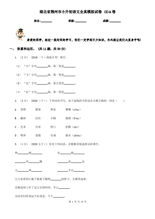 湖北省荆州市小升初语文全真模拟试卷 (5)A卷