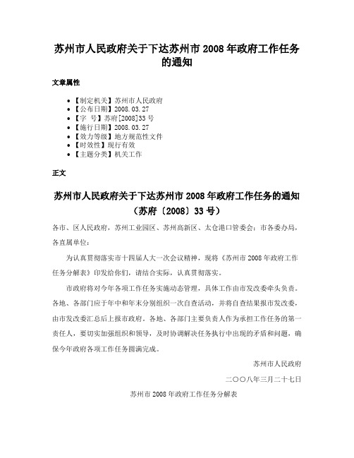 苏州市人民政府关于下达苏州市2008年政府工作任务的通知