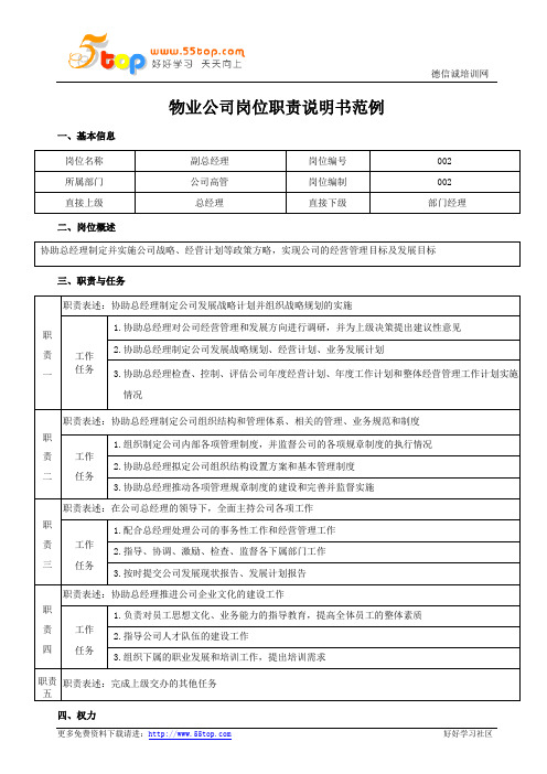 物业公司副总经理岗位职责说明书