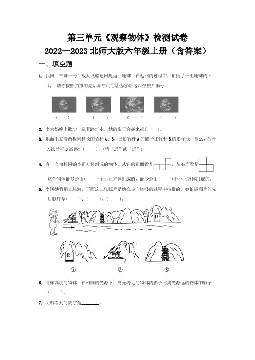 第三单元《观察物体》检测试卷   2022—2023北师大版六年级上册(含答案)