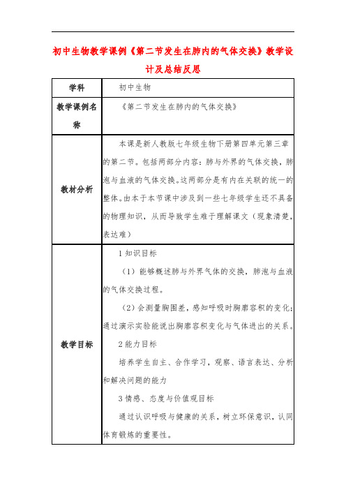 初中生物教学课例《第二节发生在肺内的气体交换》课程思政核心素养教学设计及总结反思