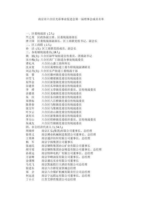 南京市六合区光彩事业促进会第一届理事会成员名单
