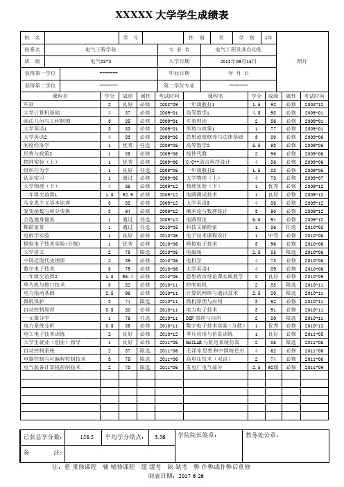 大学学生成绩表模板