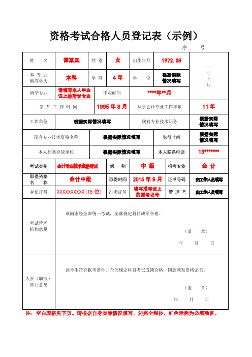 资格考试合格人员登记表(示例)