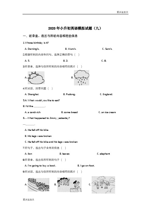 2020年小升初英语模拟试题(九)(人教版含答案)