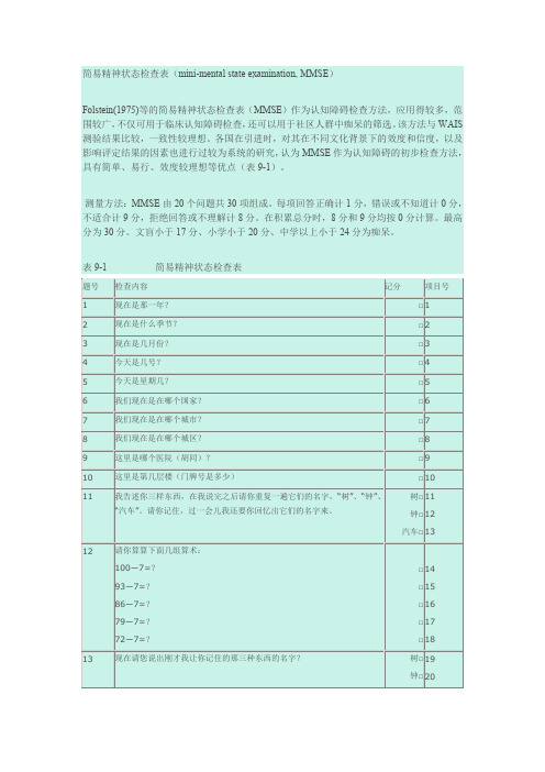 (完整word版)简易精神状态检查表(MMSE)