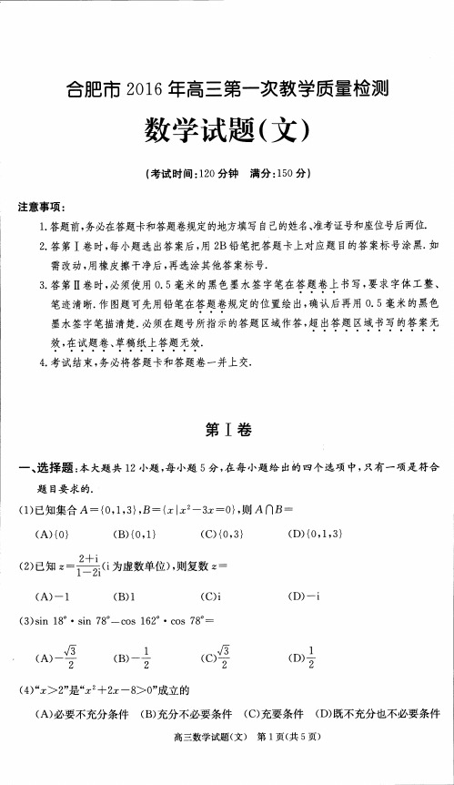 15-16合肥一模文科数学试卷和答案