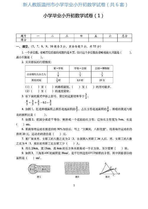 温州市新人教版2019-2020小学毕业小升初数学试卷(共6套)附详细答案